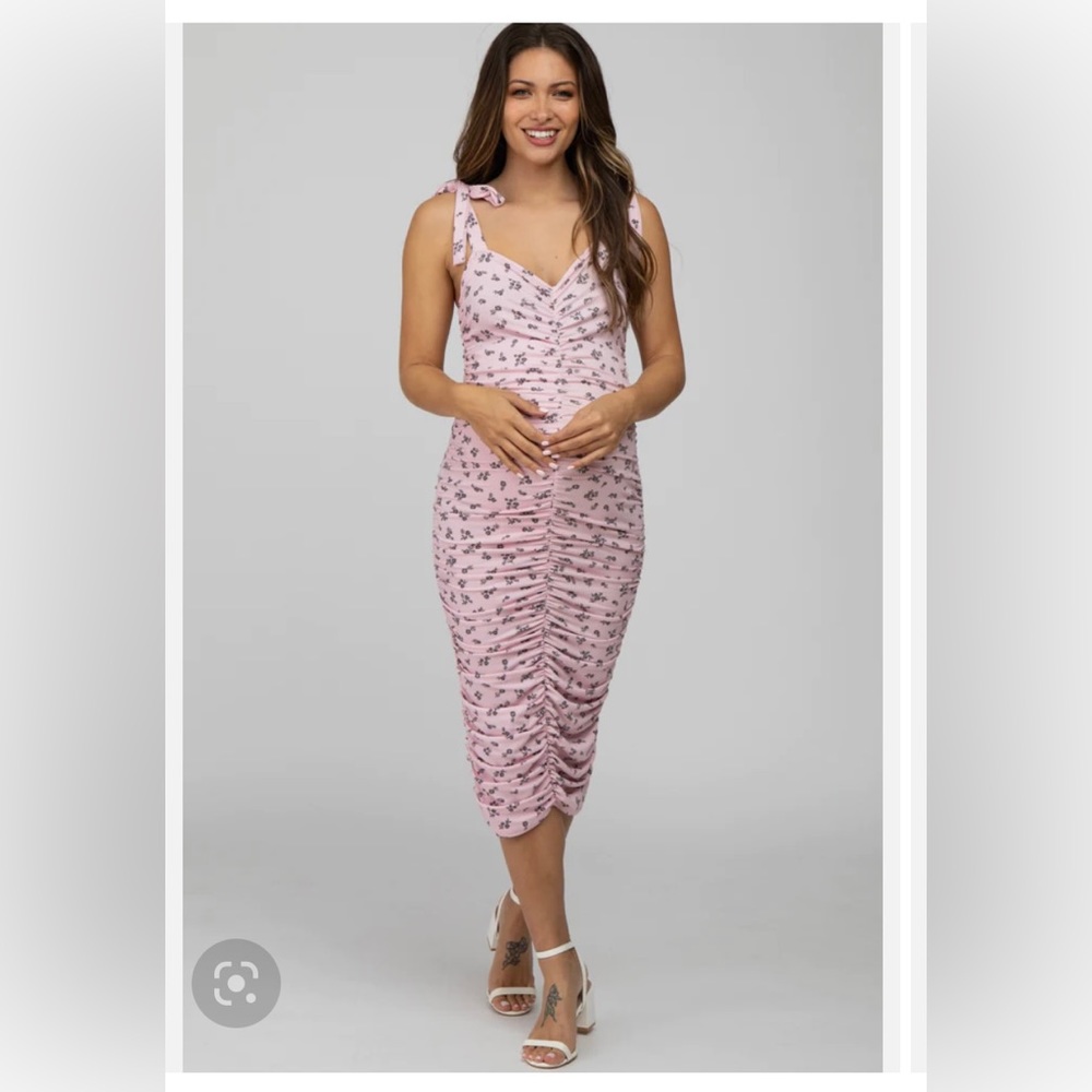 Pink Blush Floral Ribbed Ruched Shoulder Tie Maternity Dress
